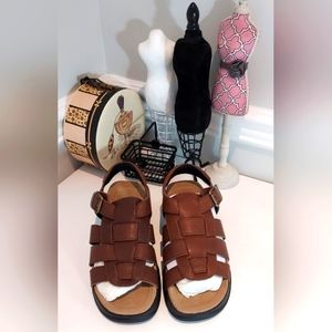 Lands' End Woven Brown Leather Open Toe Sandal NWOB